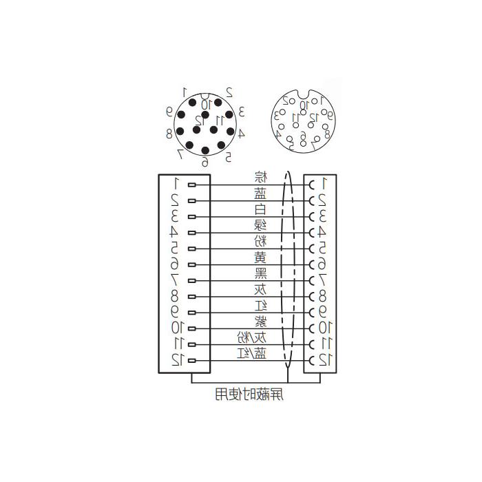 M12 12Pin、母头直型转公头直型、双端预铸PUR柔性电缆、黑色护套、64DA12-XXX